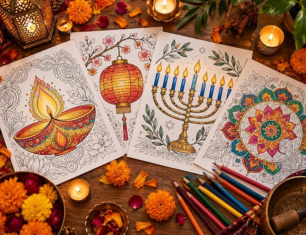 Coloring pages of a diya lantern menorah and mandala amid candles and marigolds with colored pencils, cultural religious holiday coloring pages