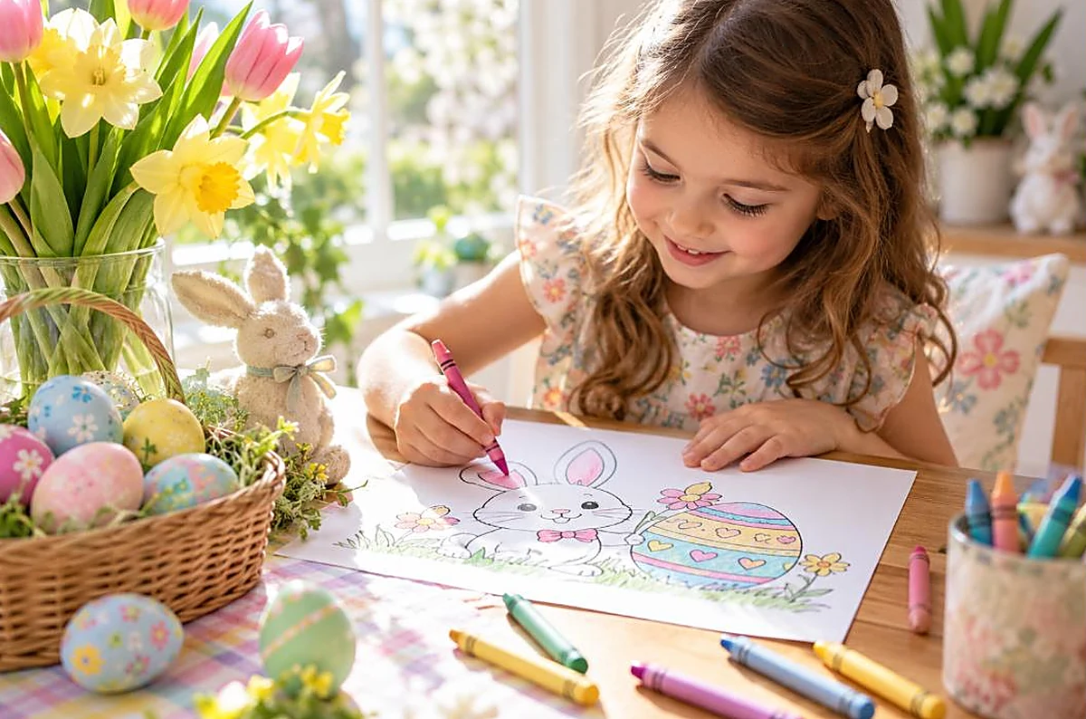 Girl coloring an Easter bunny and egg page with pastel crayons beside a basket of pastel eggs and spring flowers, easter spring coloring pages