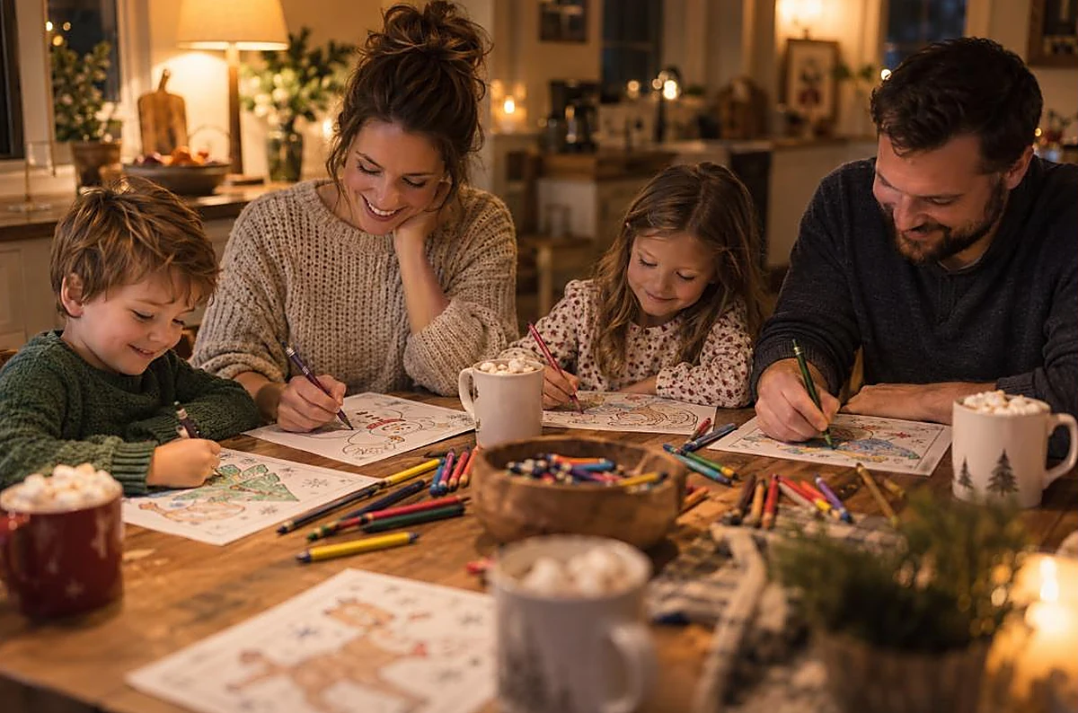 Family coloring together at a kitchen table at night with crayons and cocoa, family coloring night