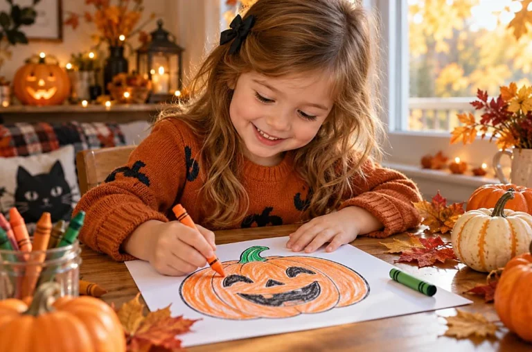 Happy child coloring a jack-o-lantern pumpkin page with crayons amid cozy autumn Halloween decor, halloween coloring pages