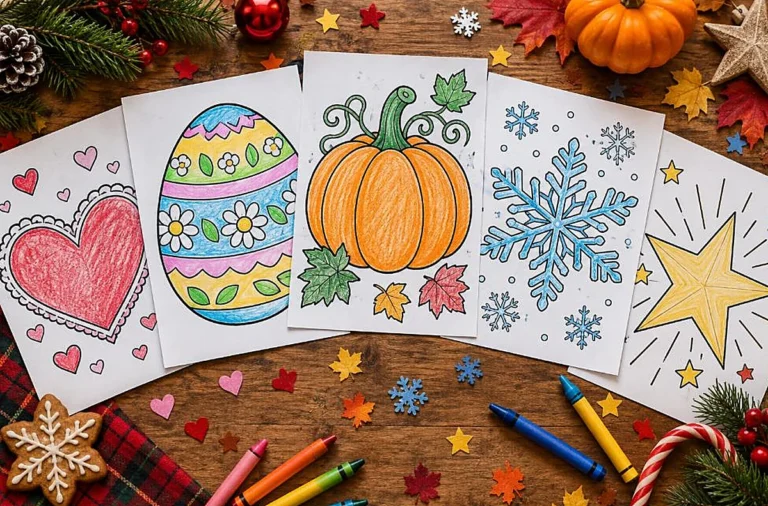Assorted holiday coloring pages of a heart egg pumpkin snowflake and star fanned out with festive props and crayons, holiday coloring pages