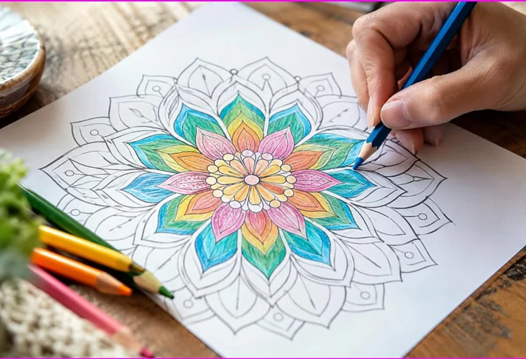 Hand coloring a mandala from the center outward with colored pencils, several sections done and others blank, how to color mandalas