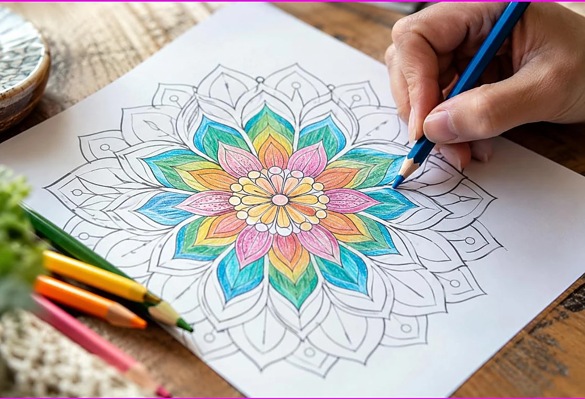 Hand coloring a mandala from the center outward with colored pencils, several sections done and others blank, how to color mandalas