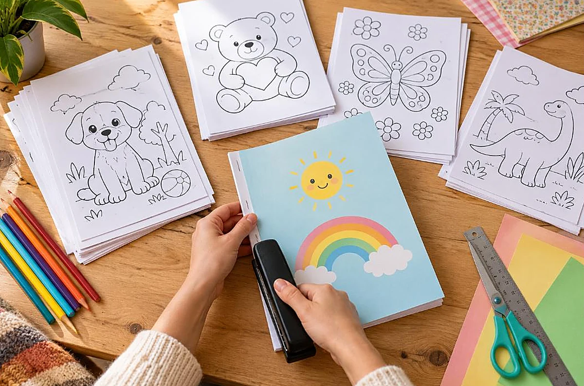 Hands stapling a handmade coloring book from printed sheets with colored pencils and scissors, how to make your own coloring book