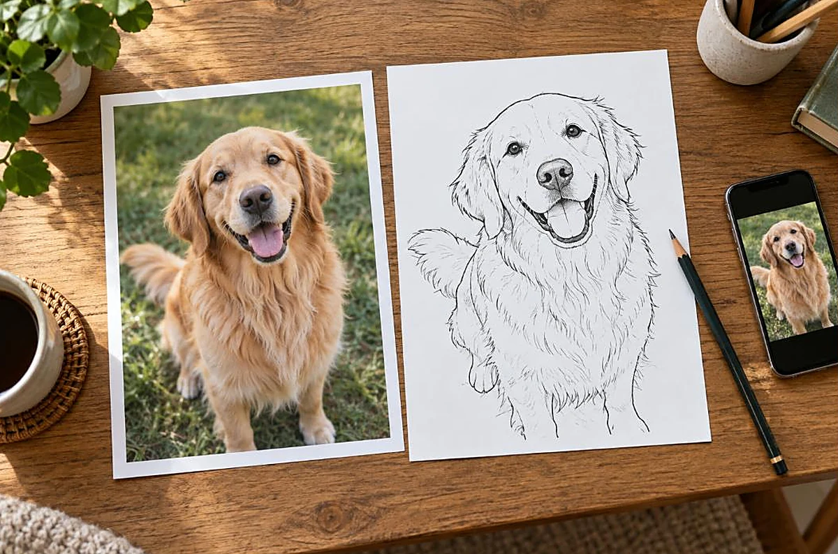 Printed dog photo beside its line-art coloring page version with a phone and pencil, make coloring page from photo