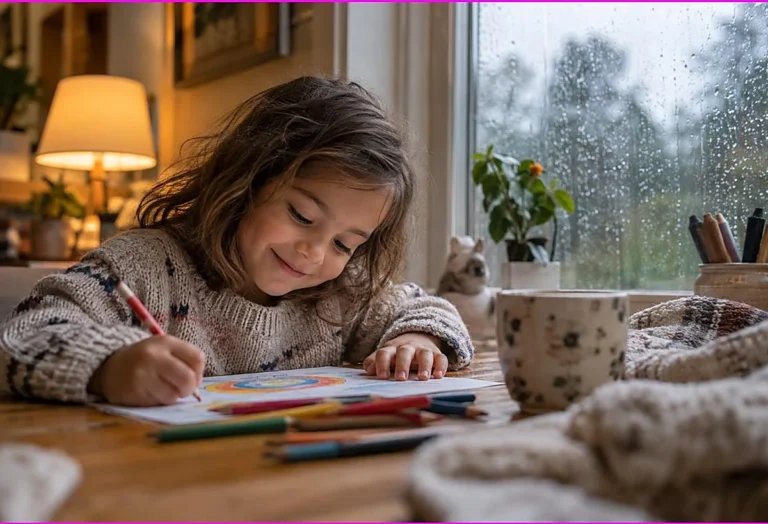 Child cozily coloring by a rain-streaked window on a rainy day, rainy day activities for kids