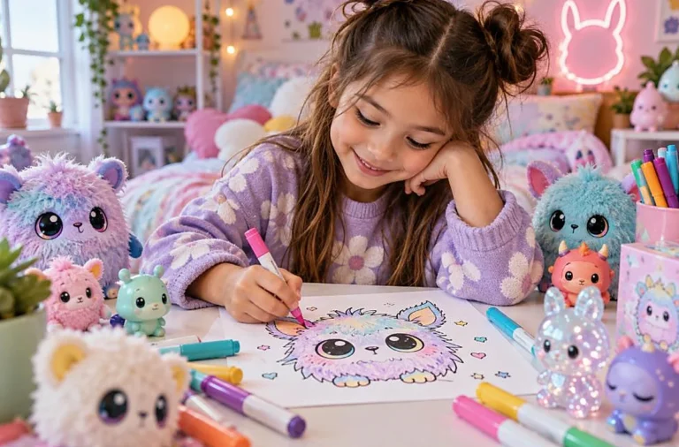 Child coloring a cute fuzzy character page surrounded by trendy pastel plush collectible toys, trending character coloring pages