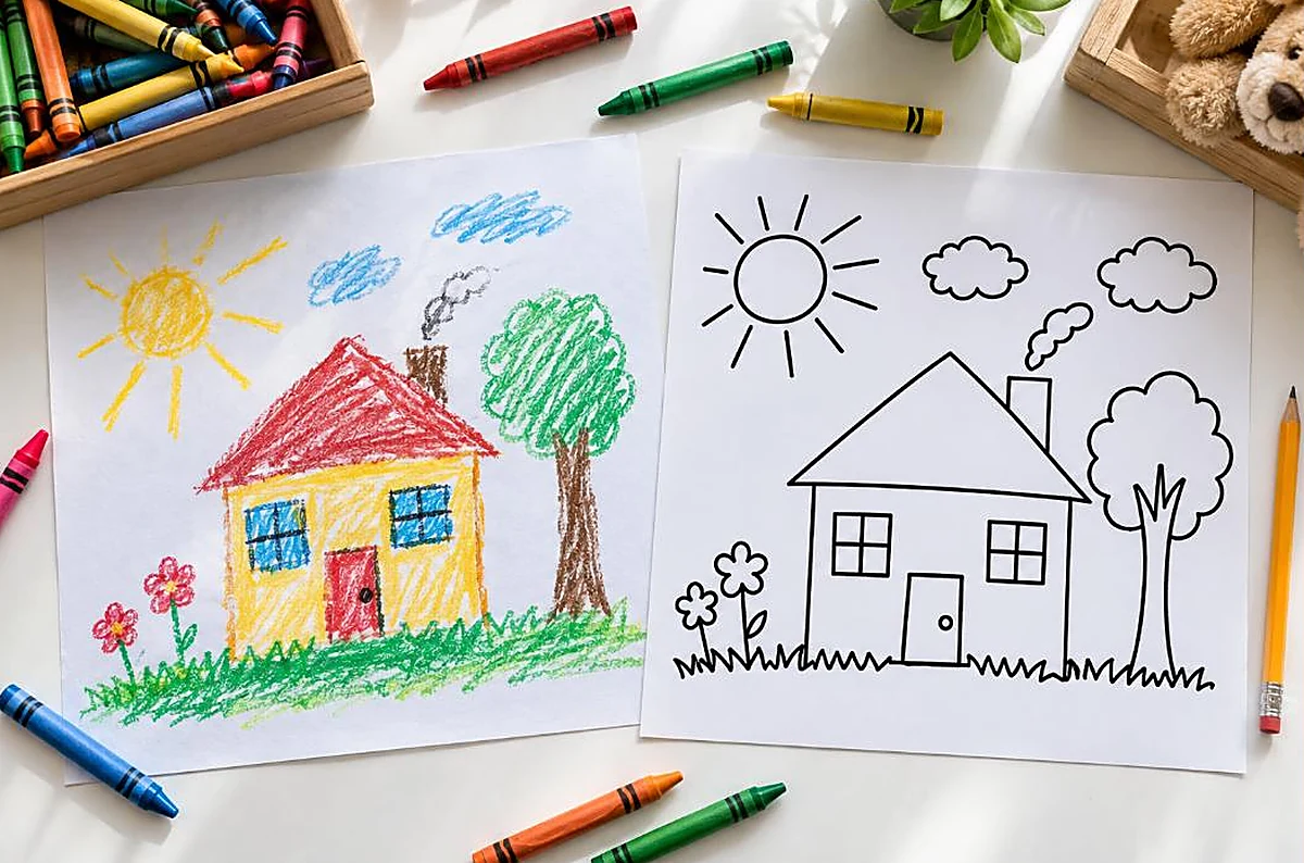 Childs crayon house drawing beside its clean line-art coloring page version with crayons, turn drawing into coloring page