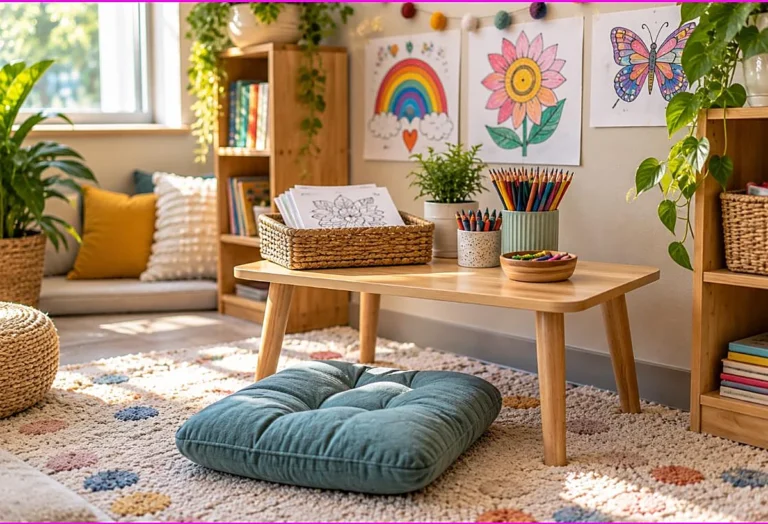 Cozy classroom calm corner with a basket of coloring pages, colored pencils and finished art on the wall, ways to use coloring pages in the classroom