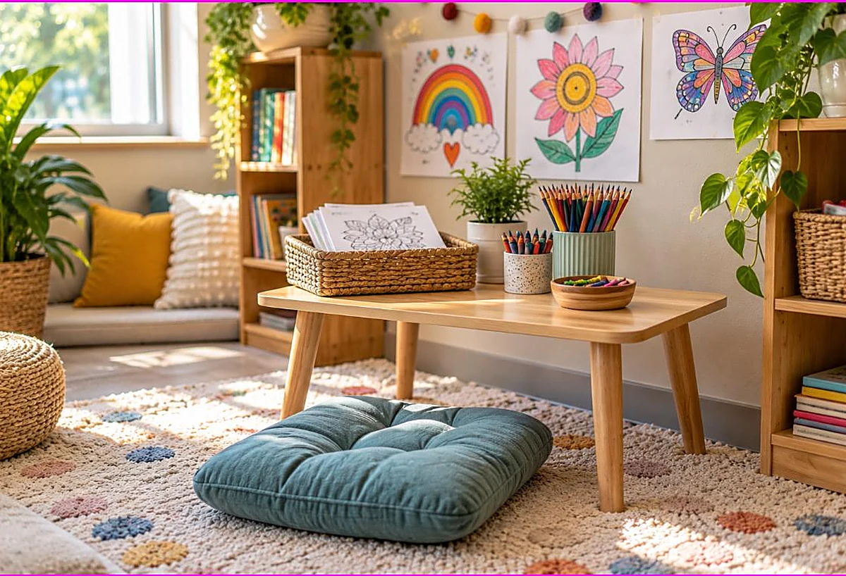 Cozy classroom calm corner with a basket of coloring pages, colored pencils and finished art on the wall, ways to use coloring pages in the classroom