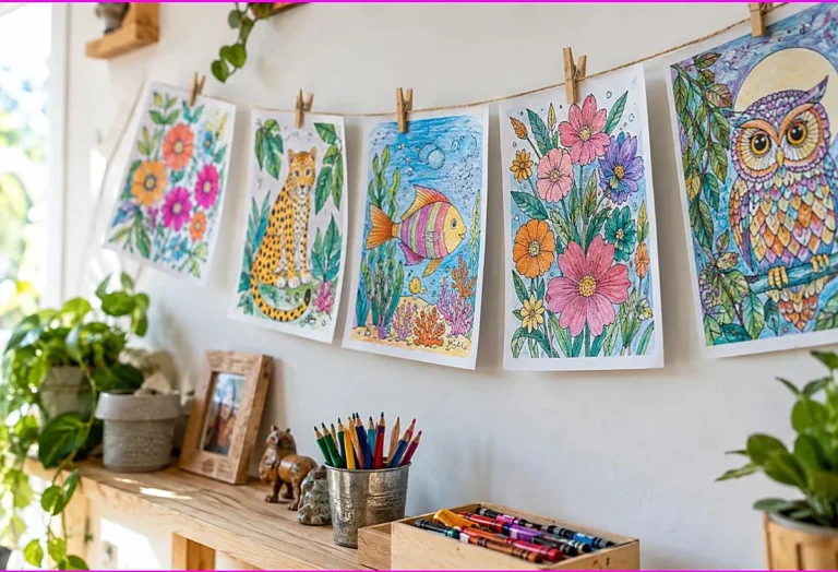 Finished colored pages pinned on a string like a gallery with pencils and crayons below, fun ways to use coloring pages