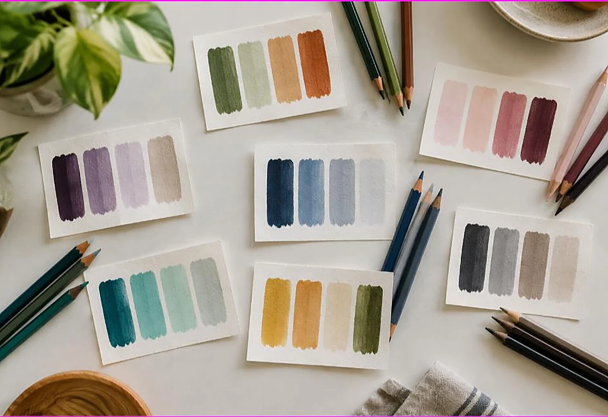Several color-palette swatch cards showing harmonious color combinations with matching colored pencils, what colors go together