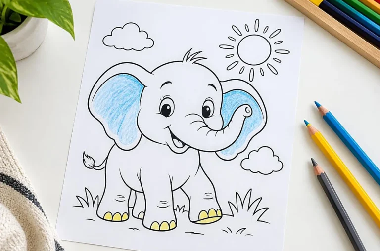 Printable elephant coloring page on a white desk partly colored with colored pencils, what is a coloring page