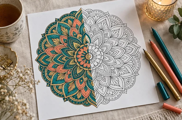 Intricate mandala coloring page half colored in teal coral and gold with fine-liner pens, what is a mandala