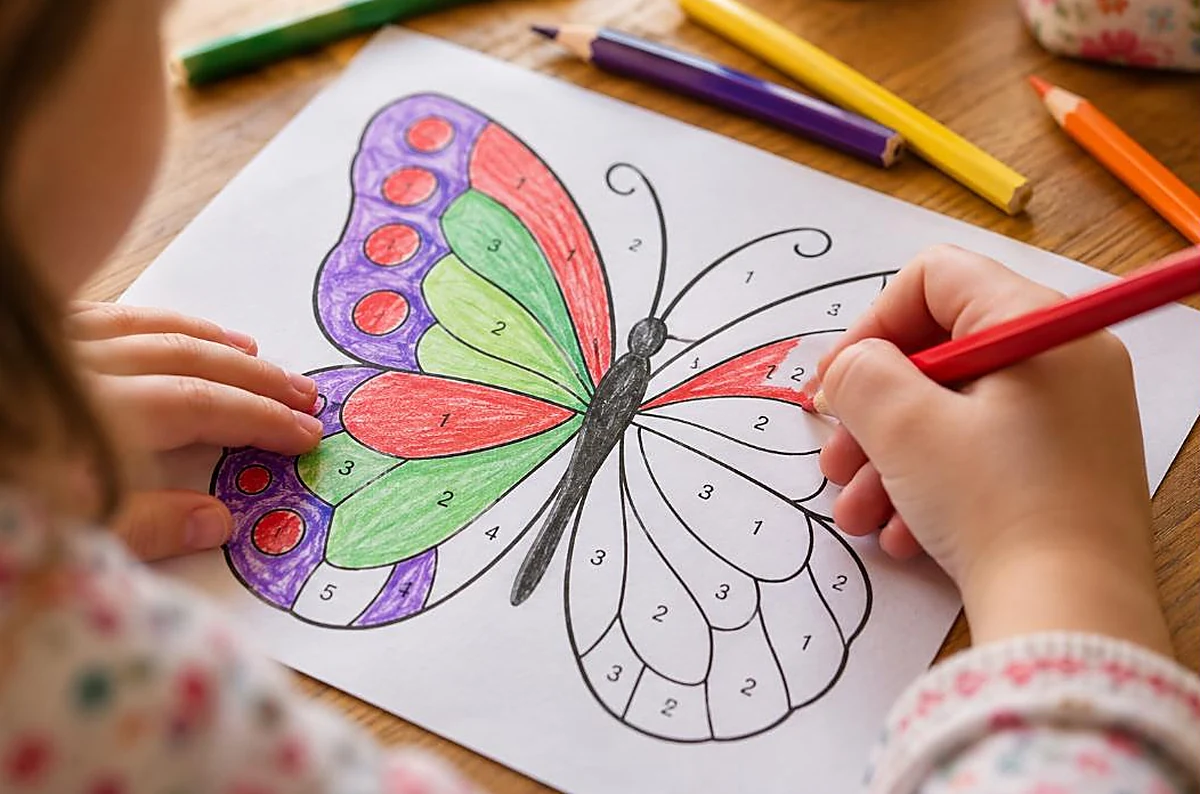Child filling in a numbered butterfly color-by-number page with colored pencils, what is color by number