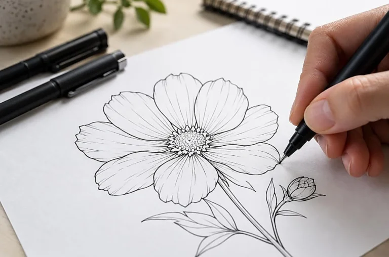 Hand drawing a flower in clean black ink outlines with a fine pen on white paper, what is line art